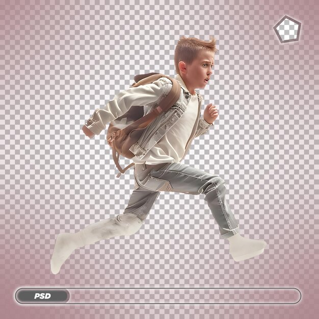 PSD boy with backpack running white background isolated on transparent background