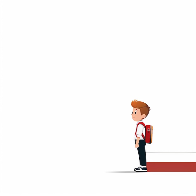 PSD a boy with a backpack stands on a red step with a white background