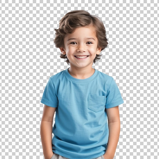 a boy with a blue shirt that says the word on it