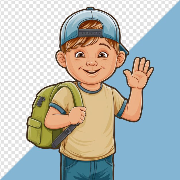 a boy with a cap and a backpack that says quot he is waving quot