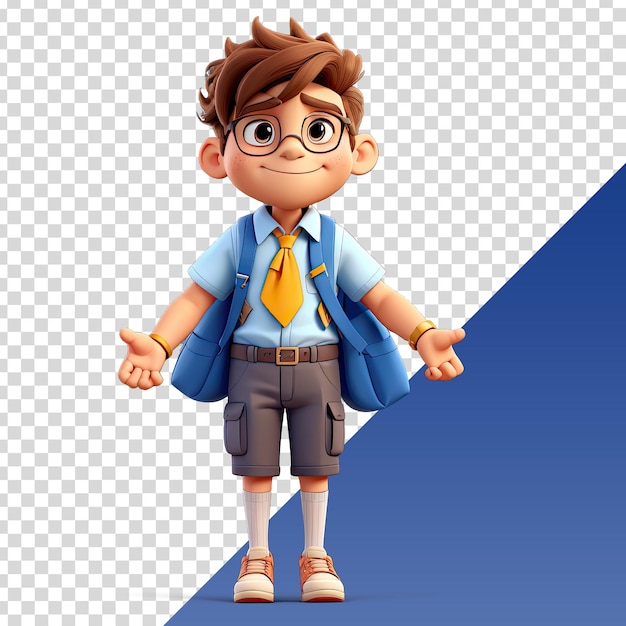 a boy with glasses and a blue shirt is standing in front of a triangle