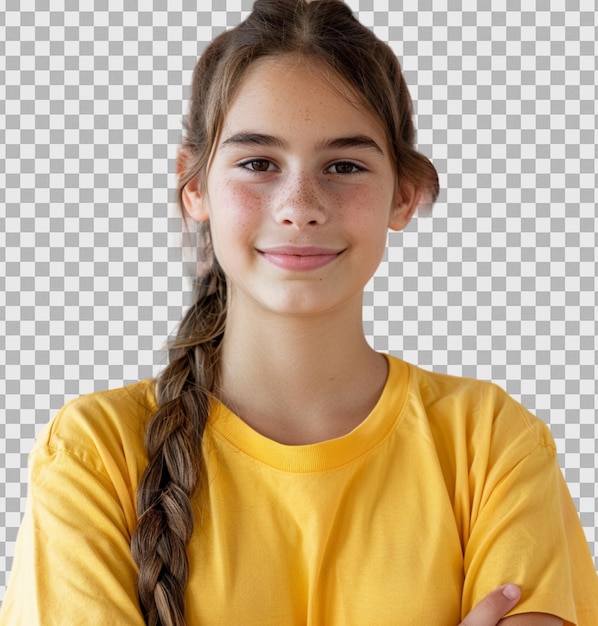 PSD a boy with a yellow shirt and smiling looking at camera on isolated transparent background