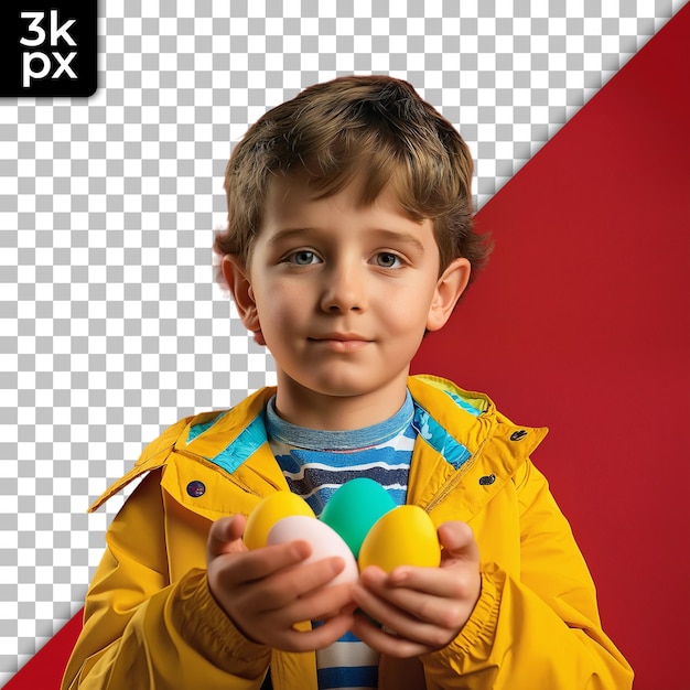 a boy in a yellow raincoat holds easter eggs