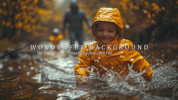 PSD boy in yellow raincoat playing in a stream