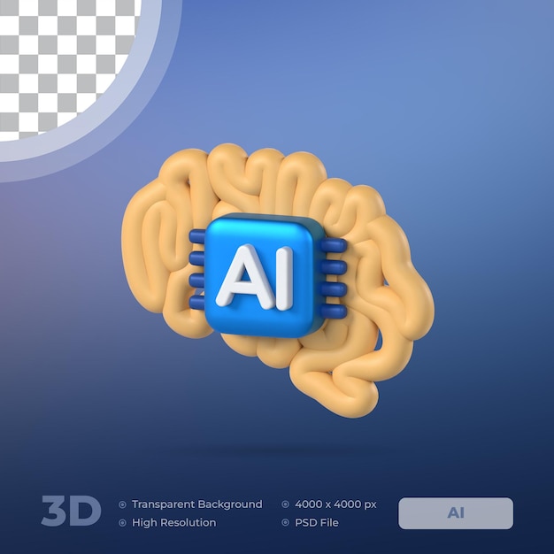 Brain AI 3D Icon Artificial Intelligence Model with Transparent Background