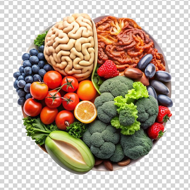 PSD a brain surrounded by fruits and vegetables on transparent background