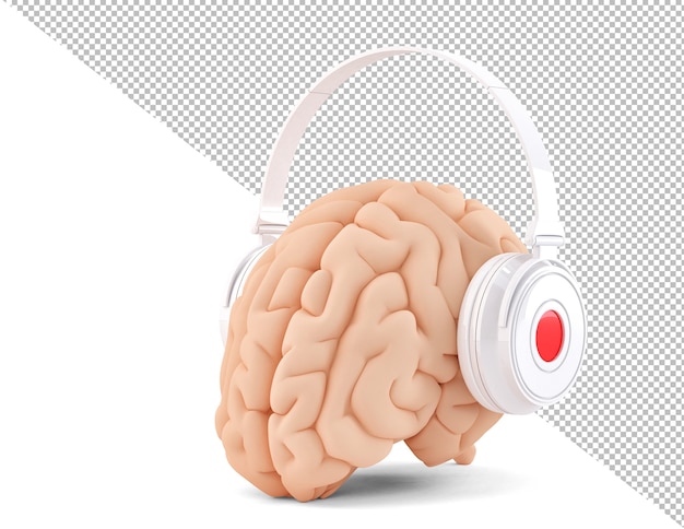 Brain with headphones on white backgrounds 3d illustration