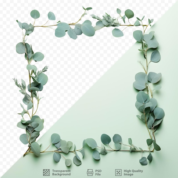 PSD branches of eucalyptus forming a border frame isolated on transparent background viewed from above in a flat arrangement