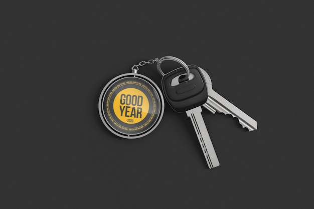 Branded metal round keychain with keys top view mockup