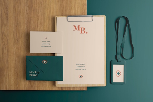 PSD branding elements mockup on wooden shapes