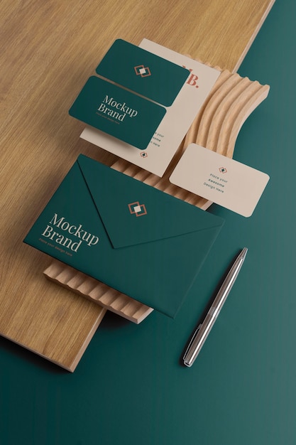 Branding elements mockup on wooden shapes