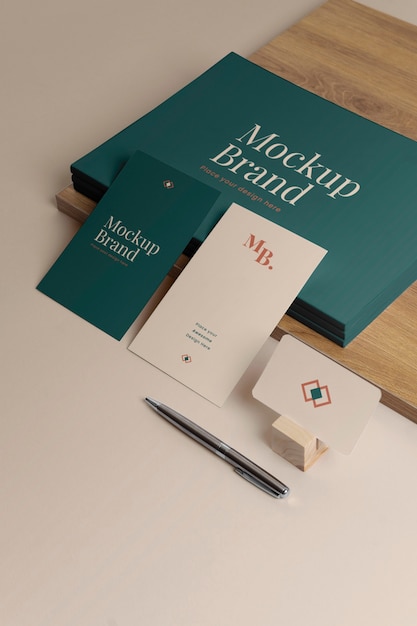 Branding elements mockup on wooden shapes