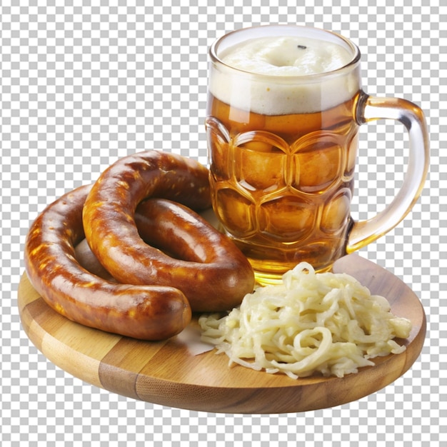 PSD bratwurst sausage sauerkraut pretzels and beer transparent background