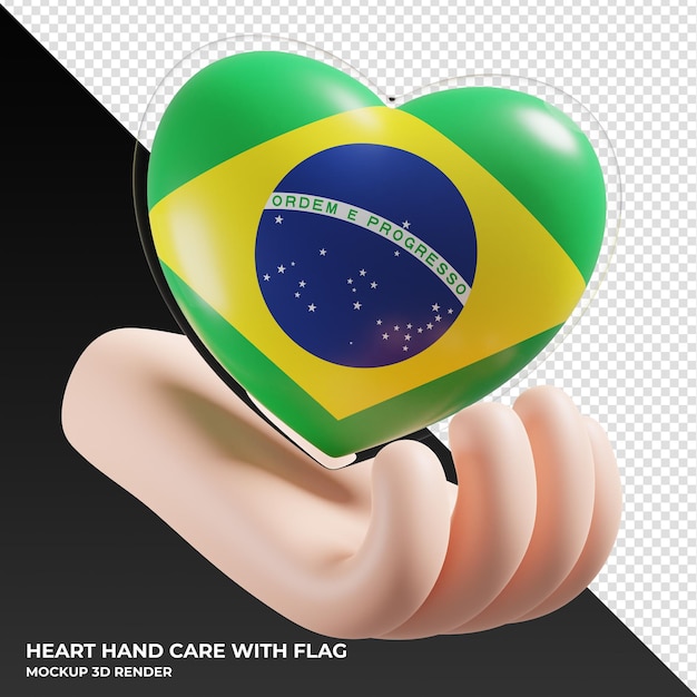 Brazil flag with heart hand care realistic 3d textured