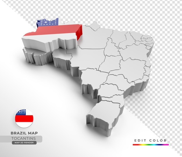 Brazil map with Amazonas state flag in 3d isometric render