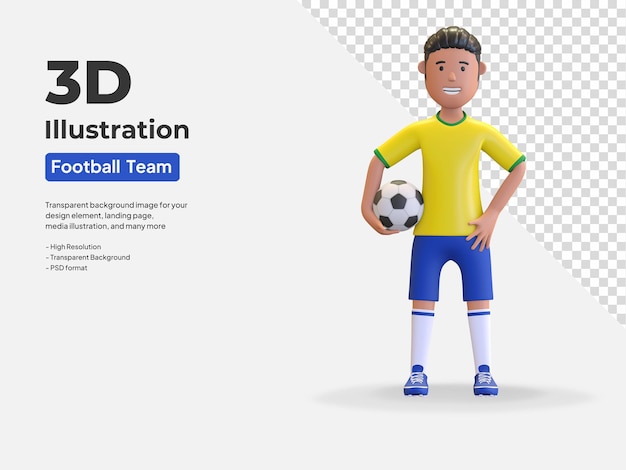 Brazil national football player man holding ball in arm 3d render illustration