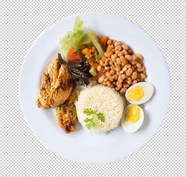 Brazilian food dish with beans rice and chicken