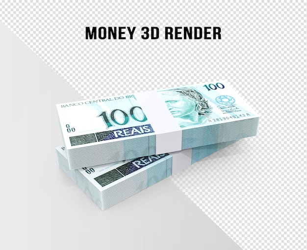 Brazilian money with 100 reais banknote 3d render