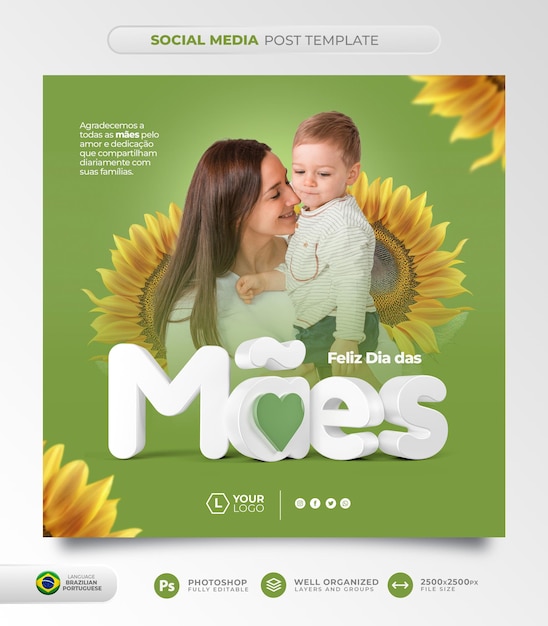 Brazilian mother's day social media post template in Portuguese for marketing campaign