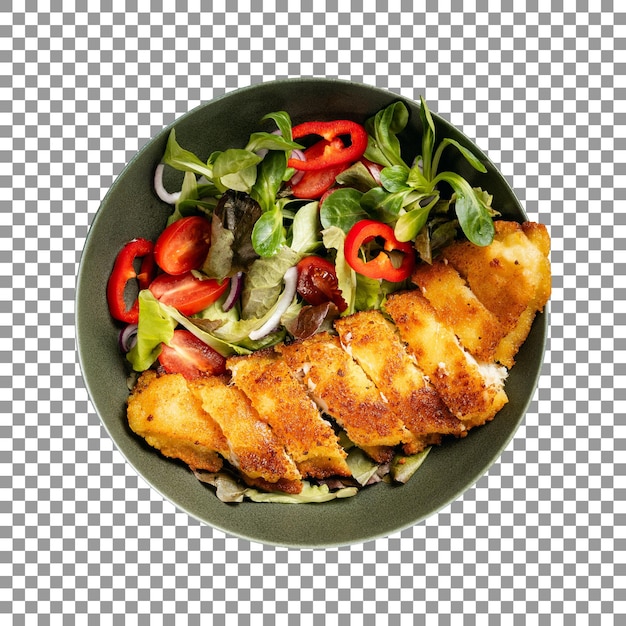 Breaded codfish with vegetables isolated on transparent background