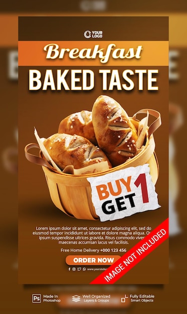 Breakfast time baked taste menu special offer social media instagram post stories banner template