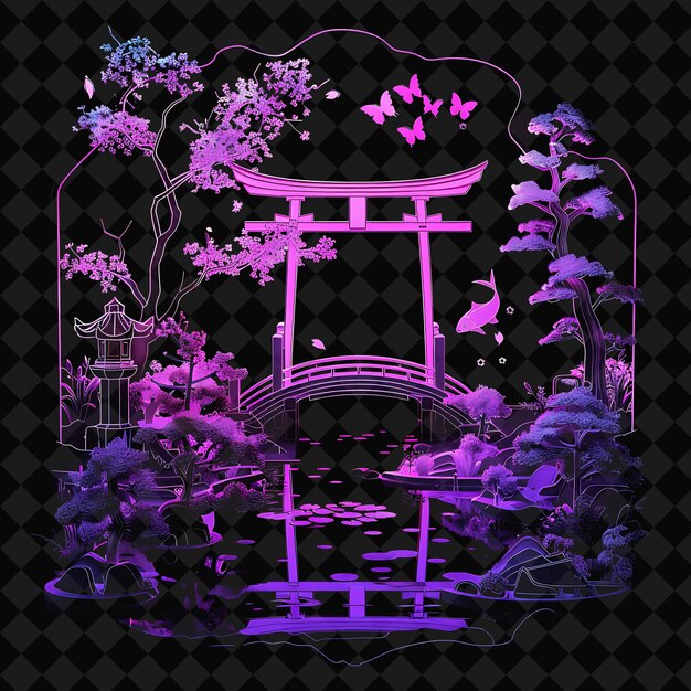 Breathtaking Neon Japanese Garden Beneath a Silhouette of a PNG Y2K Ocean of Light Collections