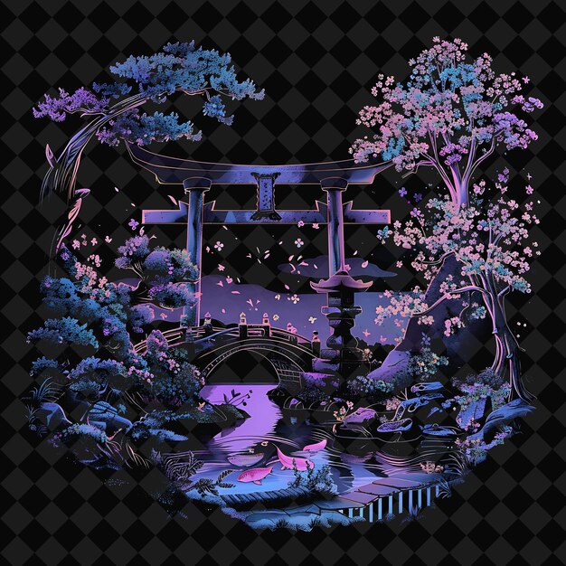 PSD breathtaking neon japanese garden beneath a silhouette of a png y2k ocean of light collections