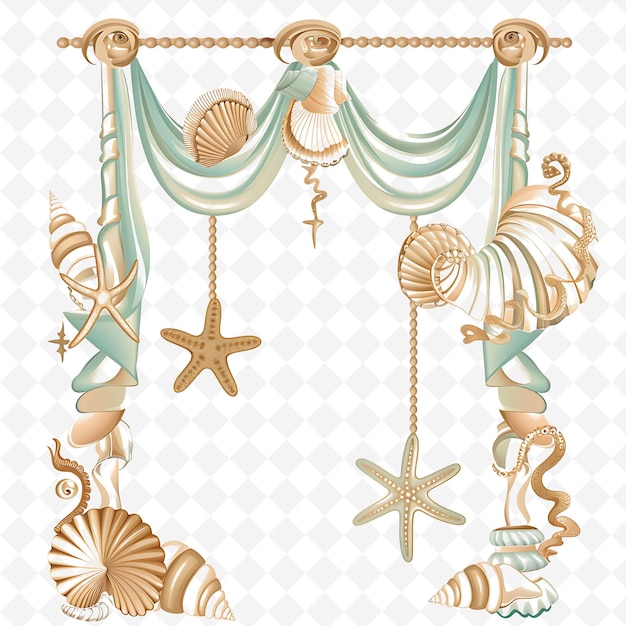 PSD breezy curtain rod with seashells and starfish on it decorat png natural inspired flat borderline