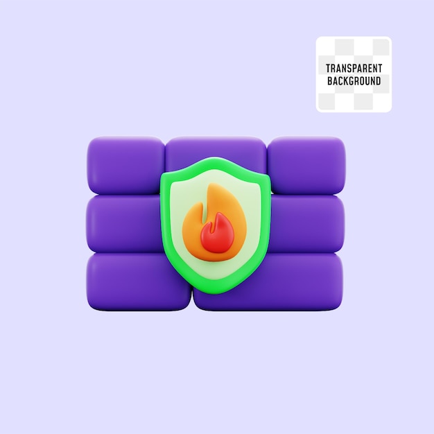 brick building with shield and burn fire for firewall computer cyber security anti virus 3d icon illustration render design