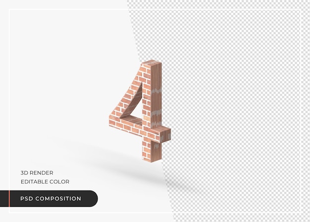 Brick effect numerical number 4 isolated 3d rendering