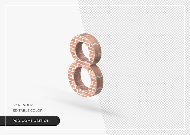 Brick effect numerical number 8 isolated 3d rendering