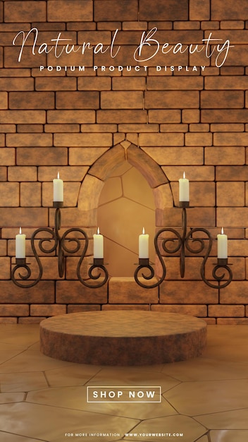 BRICK WALL CASTLE PODIUM WITH CANDLE FOR PRODUCT PRESENTATION