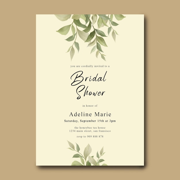 bridal shower invitation card with watercolor green leaves