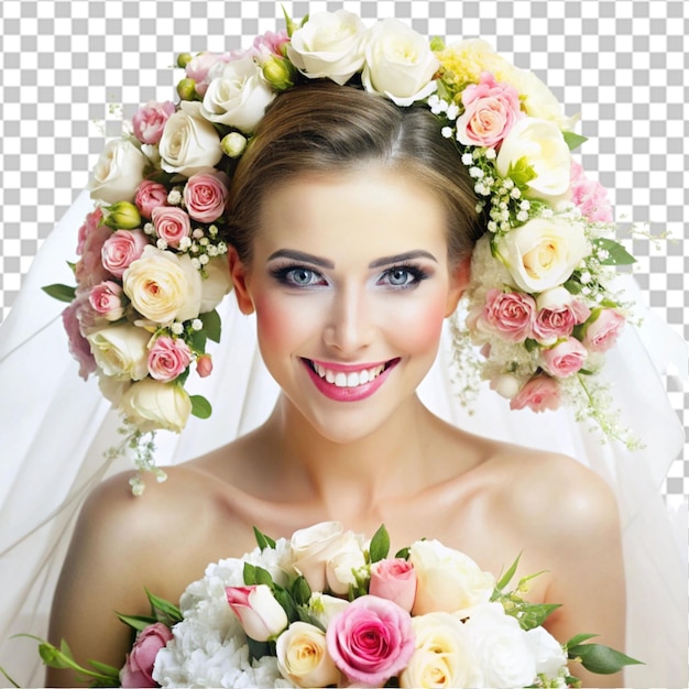 PSD bride holding a bouquet of flowers in a rustic sty transparent background