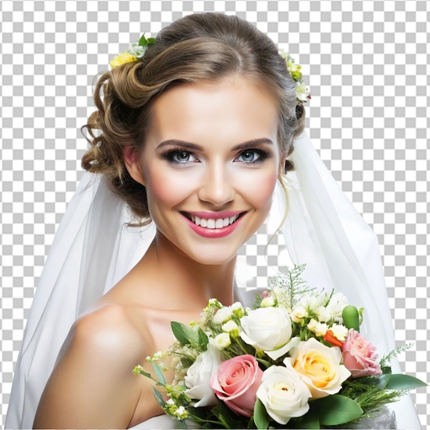 PSD bride holding a bouquet of flowers in a rustic sty transparent background