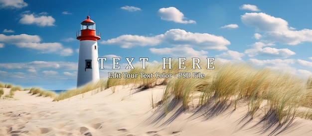 Bright beach sand dunes with the famous danish landmark lighthouse with blue sky background