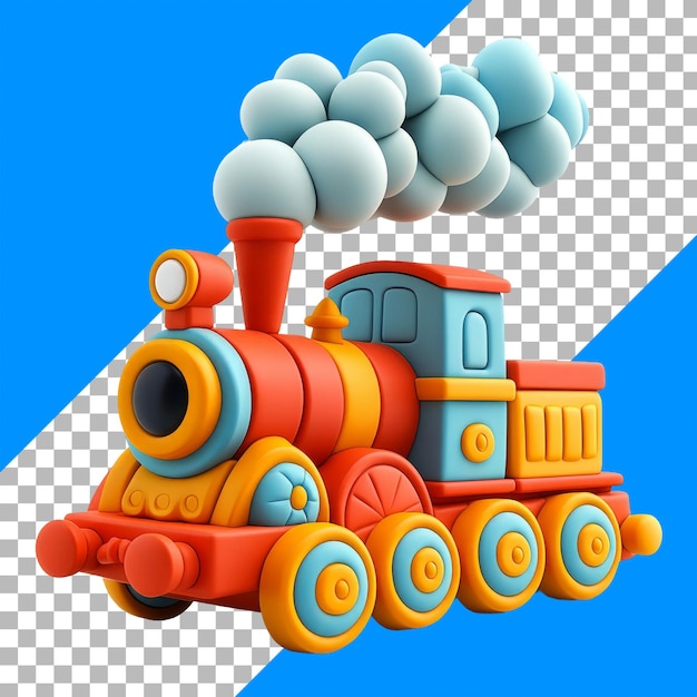 PSD bright colorful 3d toy train with blue background and smoke clouds