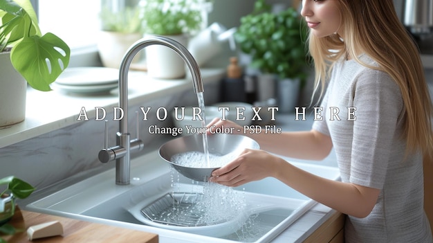 Bright kitchen sink with a woman washing dishes