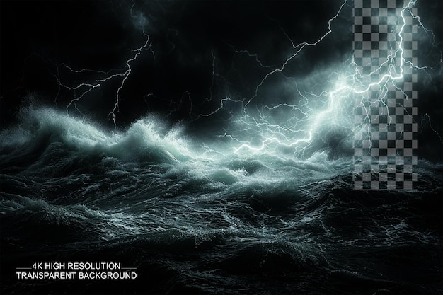 Bright lightning in a raging sea a strong storm in transparent background