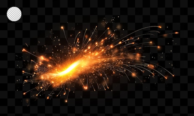 A bright orange explosion with sparks on a transparent background.