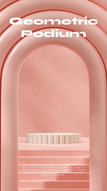 bright pink arch and wall scene 3D rendering mockup template white color podium in portrait