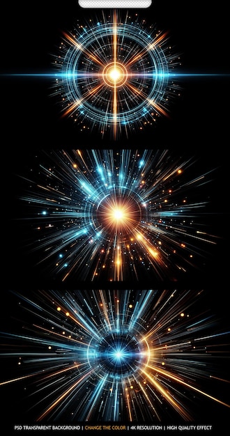 PSD bright radial light beams abstract in blue and orange neon glow color transparent background