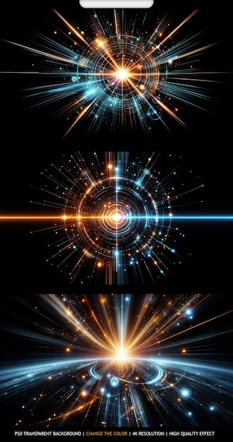 Bright radial light beams Abstract in blue and orange neon glow color transparent background