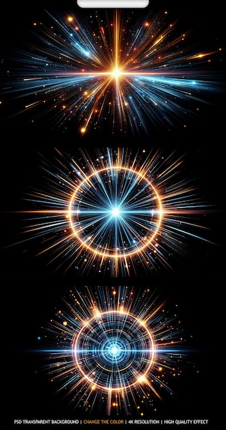 Bright radial light beams Abstract in blue and orange neon glow color transparent background