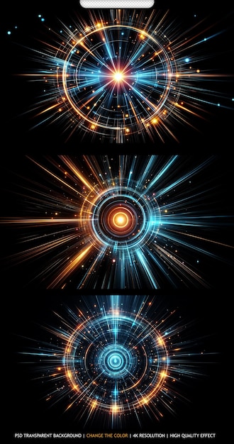 Bright radial light beams Abstract in blue and orange neon glow color transparent background