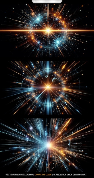 Bright radial light beams Abstract in blue and orange neon glow color transparent background