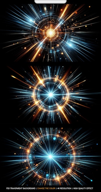 PSD bright radial light beams abstract in blue and orange neon glow color transparent background