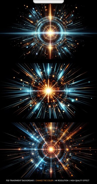 PSD bright radial light beams abstract in blue and orange neon glow color transparent background