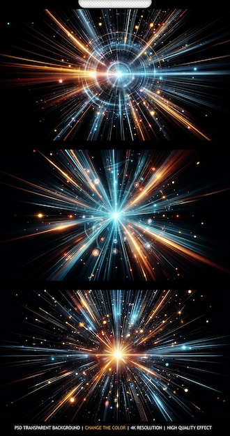 Bright radial light beams Abstract in blue and orange neon glow color transparent background