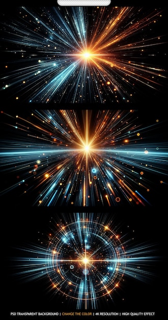 Bright radial light beams Abstract in blue and orange neon glow color transparent background